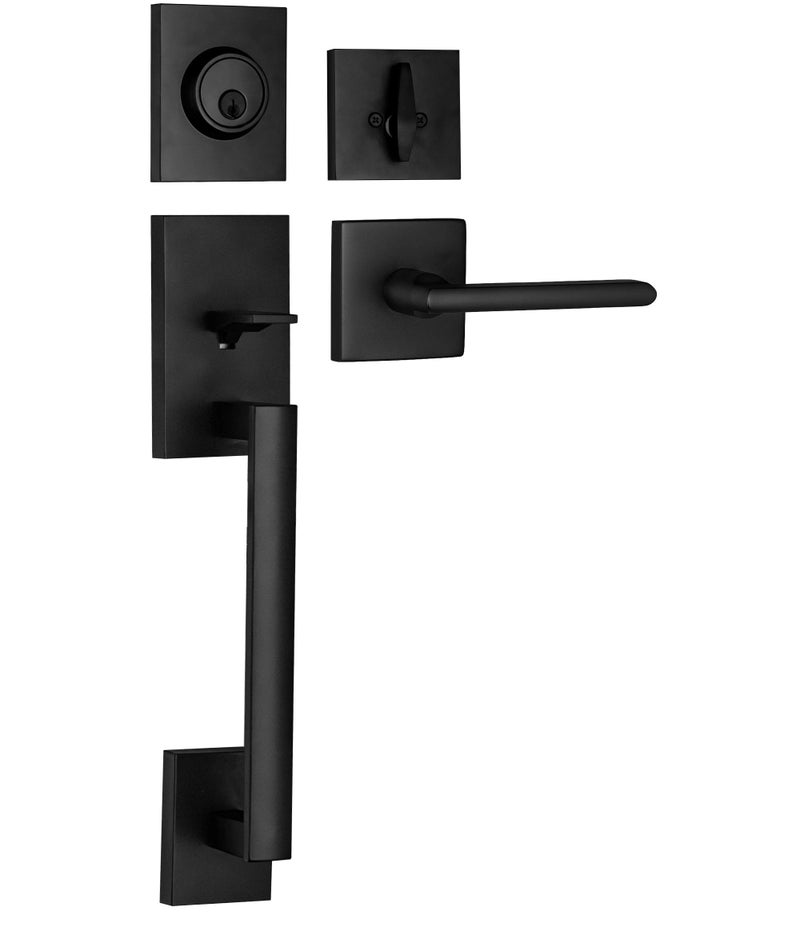 Berlin Modisch HandleSet Front Door Entry Handle and Deadbolt Lock Set Slim Square Single Cylinder Deadbolt and Lever Reversible for Right & Left Sided Doors Heavy Duty â€“ Iron Black Finish - Image 1